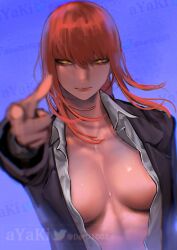 1girls ayaki777 breasts chainsaw_man cleavage looking_at_viewer makima_(chainsaw_man) no_bra open_clothes open_shirt pointing pointing_at_viewer portrait red_hair solo yellow_eyes