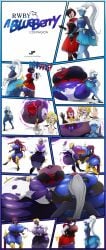 4girls ass ass_expansion belly belly_expansion blue_body blueberry_inflation breast_expansion breasts comic female female_only glynda_goodwitch huge_ass huge_breasts inflation juicyflater multiple_girls pantyhose pyrrha_nikos ruby_rose rwby spherical_inflation sunken_head sunken_limbs weiss_schnee