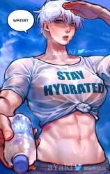 1girls abs ayaki777 muscular muscular_female short_hair solo speech_bubble talking_to_viewer water_bottle wet wet_clothes wet_shirt white_hair