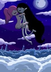 2girls accurate_art_style adventure_time arms_around_neck ass black_hair breasts canon_couple clouds flying full_moon grey_skin hands_on_ass holding_partner interspecies long_hair marceline mountains multiple_girls naked naked_female night nipples nude nude_female outdoor_nudity outdoors pink_hair pointy_ears ponytail princess_bubblegum vampire vampire_fangs vampire_girl very_long_hair xierra099 yuri