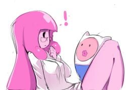 1boy 1girls 2013 adventure_time after_oral bigger_female bottomless bottomless_female bubblegum cartoon_network clenched_fist cunnilingus exclamation_point finn_the_human glasses grumpy hat labcoat long_hair looking_at_partner nipples_visible_through_clothing pleasure_face princess_bubblegum shirt sho-n-d shocked shocked_expression spread_legs thighs white_background