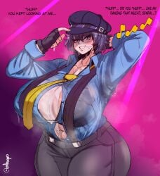 alternate_breast_size armpits big_breasts blue_hair breasts_bigger_than_head embo gigantic_breasts hat huge_breasts persona persona_4 shirogane_naoto sweat sweating sweaty thick_thighs tomboy