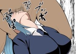 1boy 1girls all_the_way_to_the_base big_breasts blue_hair clothed clothed_female_nude_male clothed_sex deepthroat fellatio female forced head_grab jujutsu_kaisen kasumi_miwa male maledom nier_(artist) oral oral_sex partial_male sword_swallowing_position throat_bulge throat_fuck throat_swabbing