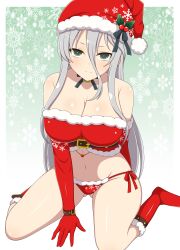 1girls ass_visible_through_thighs bell belt boots christmas christmas_outfit cleavage collar crop_top elbow_gloves expressionless female gradient_background green_eyes groin hair_between_eyes ichiryuu_tsumiki large_breasts light-skinned_female light_skin looking_at_viewer midriff mistletoe navel santa_hat senko_(senran_kagura) senran_kagura sidelocks silver_hair simple_background sitting snowflake solo very_long_hair