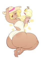 2d ass barefoot bottom_heavy breasts brown_eyes bulumble-bee dark_skinned_female female freckles hat huge_ass human ice_cream melon_(bulumble-bee) one-piece_swimsuit small_breasts summer_hat swimsuit thick_thighs wide_hips