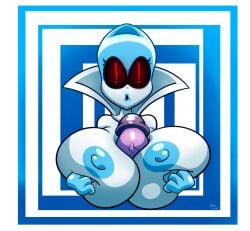 1girls blue_lipstick deltarune female gorila_invisible_(artist) hands_on_breasts huge_breasts large_breasts male nipples paizuri queen_(deltarune) robot robot_girl surprised_expression titjob topless