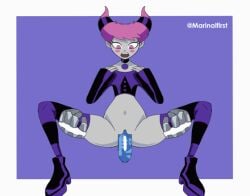 1boy 1girls animated blush bottomless clothing couple cyborg_(dc) dc dc_comics jinx_(dc) loop marinalfirst nalfirstart pink_hair sex small_breasts stockings teen_titans thighhighs unseen_male_face