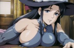 ai_generated black_hair blue_dress blue_eyes breasts clothing dress female female_only hat headwear high_resolution large_breasts mature mature_female retromage solo witch witch_hat