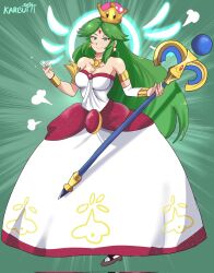 1girls bare_chest bare_shoulders breasts clothing dress earrings eyebrows_visible_through_hair female female_only green_eyes green_hair karbuitt kid_icarus light-skinned_female light_skin long_hair looking_at_viewer mario_(series) new_super_mario_bros._u_deluxe nintendo palutena princess princessification solo super_crown tagme very_long_hair white_dress