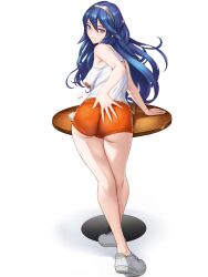 1girls alcohol alternate_costume ass bare_legs bare_thighs beer blue_eyes blue_hair breasts covered_nipples female fire_emblem fire_emblem_awakening hair_between_eyes hooters large_ass legs long_hair looking_at_viewer looking_back lucina_(fire_emblem) medium_breasts mug partially_visible_vulva shisshou_senkoku shorts symbol-shaped_pupils table tank_top thighs tiara waitress