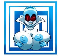 1girls blue_lipstick deltarune gorila_invisible_(artist) hands_on_breasts huge_breasts large_breasts nipples queen_(deltarune) robot robot_girl topless