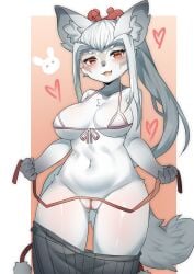 2022 absurd_res anthro bottomwear breasts canid clothing cute_fangs female genitals grey_hair hair hakuro_(onmyoji) heart hi_res looking_at_viewer mammal navel open_mouth ponytail pussy pussy_floss red_eyes simple_background skirt smile solo user_cpsf8285