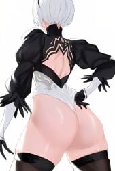 back_view big_ass nier:_automata nier_(series) stockings thick_thighs ulrich_(tagaragakuin) white_background white_hair yorha_2b