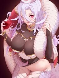 alcohol blush breasts bridal_gauntlets cup drinking_glass female hair_between_eyes hat highres holding holding_cup lamia large_breasts light_purple_hair long_hair looking_at_viewer monster_girl monster_musume_no_oisha-san nurse_cap parted_lips red_eyes saphentite_neikes scales slit_pupils solo tail todding wine wine_glass