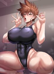 abs big_breasts blush blushing brown_eyes brown_hair busty camel_toe cameltoe competition_school_swimsuit competition_swimsuit crouched crouching crouching_female fellatio_gesture hand_gesture honoo_no_toukyuuji:_dodge_danpei huge_breasts ichigeki_haruka jet_puri large_breasts leotard massive_breasts muscular muscular_female nipple_bulge one-piece_swimsuit short_hair small_waist spiky_hair squatting sweat sweatdrop sweaty swimsuit tagme thick_thighs top_heavy wide_hips