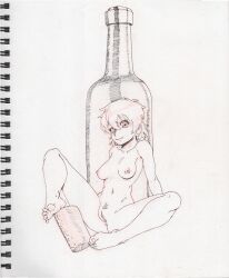 1girls bottle cork looking_at_viewer medium_breasts nude pussy scan short_hair sitting skk solo traditional_media_(artwork)