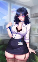 1girls absurd_res black_skirt blue_eyes blue_hair blush bra bra_peek brown_stockings choker detailed_background fanart female female_only garter_straps glasses id_card large_breasts light-skinned_female light_skin liokko_mao long_hair looking_at_viewer miniskirt office office_lady open_shirt pencil_skirt pointy_ears skirt sleeves_rolled_up solo stockings thick_thighs thigh_squish vampire vampy_(blushypixy) white_shirt wink winking_at_viewer