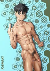 1boy abs boruto:_naruto_next_generations flaccid flaccid_penis kaito0310 kawaki male male_only middle_finger muscles muscular muscular_male naruto pecs pubes teen_boy veiny_penis