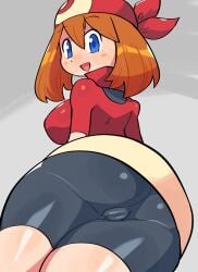 1girls ass bandana blue_eyes blush cameltoe crap-man female female_only grey_background hi_res legs_together looking_at_viewer looking_back looking_back_at_viewer may_(pokemon) may_(pokemon_rs) medium_hair nintendo on_side orange_hair pokemon pokemon_rse rear_view red_bandana smiling smiling_at_viewer solo thick_thighs