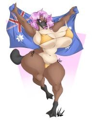 anthro artist_signature australian_flag big_breasts bikini breasts clothed clothed_female color dullvivid female flag pink_hair platypus pose purple_eyes side-tie_bikini tail too_small_bikini webbed_feet white_background wink