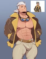 1boy big_bulge bulge clothed clothing goggles goggles_around_neck huge_bulge looking_at_viewer male male_only muscles muscular muscular_male muto20002 open_jacket pokemon pokemon_(anime) pokemon_horizons pokemon_professor professor_friede solo tan-skinned_male tan_skin white_hair yellow_eyes