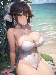 1girls ai_generated azur_lane beach black_hair breasts female hips huge_breasts light-skinned_female light_skin long_hair looking_at_viewer one_piece_swimsuit outdoors ponytail stable_diffusion swimsuit takao_(azur_lane) takao_(beach_rhapsody)_(azur_lane) thick_thighs thighs wide_hips