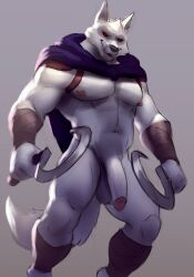 anthro balls calf_armor canid canine canis cloak clothing death_(puss_in_boots) drawller dreamworks flaccid fur genitals grey_body grey_fur harness hi_res leg_wraps long_penis male male_only mammal muscular muscular_anthro muscular_male nipple_piercing nipples penis piercing puss_in_boots_the_last_wish red_eyes sickle solo wolf wraps wrist_wraps wristband