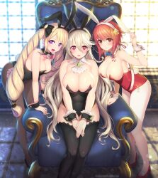 2023 3girls alternate_costume arm_support armpits ass bangs bare_arms bare_shoulders bare_thighs big_ass black_leotard black_pantyhose blonde_hair bowtie breasts brown_eyes bunny_club bunny_ears bunny_girl bunny_tail bunnysuit cleavage collarbone corrin_(fire_emblem) corrin_(fire_emblem)_(female) detached_collar elise_(fire_emblem) female female_only fire_emblem fire_emblem_fates grabbing hairband high_heels indoors inner_thighs kashiwamochi_yomogi large_breasts leaning_forward legs leotard light light_red_hair long_hair looking_at_viewer medium_breasts medium_hair multiple_girls nintendo own_hands_together pantyhose pointy_ears purple_eyes red_eyes red_hair red_legwear sakura_(fire_emblem) shoulders siblings sideboob sisters sitting smile standing thighhighs thighs throne twintails very_long_hair white_pantyhose window wrist_cuffs year_of_the_rabbit