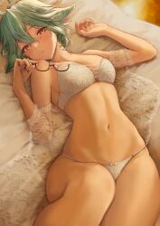 ahoge animal_ears bare_shoulders bedroom_eyes belly belly_button big_breasts blush bra breasts chest cleavage female female_only genshin_impact glasses glasses_removed green_hair half-closed_eyes hi_res highres huziko32 knees legs lingerie looking_at_viewer lying navel on_back on_bed panties pov seductive short_hair solo stomach sucrose_(genshin_impact) underwear underwear_only waist white_bra white_lingerie white_panties white_underwear yellow_eyes