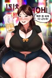 alcohol bae_(toroboro) beer_mug big_breasts chubby_female cleavage drinking looking_at_viewer shorts sitting_on_chair toroboro unbuttoned_pants venus_body voluptuous voluptuous_female wide_hips