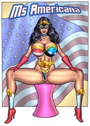 american_flag american_flag_bikini bimbo black_hair blue_choker blue_eyes blue_mask bra choker eric_logan_iii gloves gold_belt gold_tiara large_breasts legs_spread looking_at_viewer masked_female ms._americana patriotic_clothing pinup posing red_boots red_gloves sitting slut smiling star_earrings strapless superheroine superheroinecomixxx