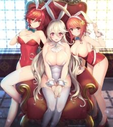 2023 3girls ahoge alternate_costume animal_ears arm_around_back arm_support armchair armpits ass bangs bare_arms bare_legs bare_shoulders bare_thighs bent_over big_ass blonde_hair bow bowtie breasts brooch brown_eyes bunny_club bunny_ears bunny_girl bunny_tail bunnysuit chair cleavage collarbone corrin_(female)_(fire_emblem) corrin_(fire_emblem) corrin_(fire_emblem)_(female) covered_navel detached_collar earrings fake_animal_ears fake_tail female female_only fire_emblem fire_emblem_fates grabbing grey_leotard grey_thighhighs hair_between_eyes hairband hand_on_another's_arm hand_on_own_chest high_heels highres hinoka_(fire_emblem) indoors inner_thighs jewelry kashiwamochi_yomogi large_breasts leaning_forward leg_up legs leotard light light_red_hair long_hair looking_at_viewer medium_breasts medium_hair multiple_girls nintendo orange_eyes own_hands_together pantyhose playboy_bunny pointy_ears rabbit_ears rabbit_tail red_eyes red_hair red_legwear red_leotard sakura_(fire_emblem) short_hair shoulders siblings sideboob sisters sitting smile standing strapless strapless_leotard tail thighhighs thighs throne tiara very_long_hair white_hair white_thighhighs window wrist_cuffs year_of_the_rabbit