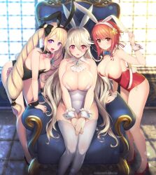 2023 3girls alternate_costume animal_ears arm_support armchair armpits ass bangs bare_arms bare_legs bare_shoulders bare_thighs bent_over big_ass black_leotard blonde_hair bow bowtie breasts brooch brown_eyes bunny_club bunny_ears bunny_girl bunny_tail bunnysuit chair cleavage collarbone corrin_(female)_(fire_emblem) corrin_(fire_emblem) corrin_(fire_emblem)_(female) detached_collar elise_(fire_emblem) fake_animal_ears fake_tail female female_only fire_emblem fire_emblem_fates grabbing grey_leotard grey_thighhighs hairband high_heels highres indoors inner_thighs jewelry kashiwamochi_yomogi large_breasts leaning_forward legs leotard light light_red_hair long_hair looking_at_viewer medium_breasts medium_hair multiple_girls nintendo own_hands_together pantyhose playboy_bunny pointy_ears purple_eyes rabbit_ears rabbit_tail red_eyes red_hair red_legwear sakura_(fire_emblem) shoulders siblings sideboob sisters sitting smile standing strapless strapless_leotard tail thighhighs thighs throne tiara twintails very_long_hair white_hair window wrist_cuffs year_of_the_rabbit