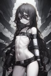 1girls ai_generated bags_under_eyes bandage bandaged_arm bandages belt belt_collar beltbra black_eyes black_hair female female_only flat_chested frown glaring hair_between_eyes holaraai long_hair looking_at_viewer messy_hair navel pale_skin ribs shirtless shorts skinny solo toned