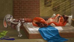 absurd_res anthro ass barefoot bed bed_sheet bedding bodily_fluids canid canine canis clothing detailed_background digital_media_(artwork) digital_painting_(artwork) disney drooling duo feet female flat_chest fox fur furniture genitals grey_body grey_fur hareluca hi_res judy_hopps lagomorph leporid lying lying_on_bed male male/female mammal necktie nick_wilde nude on_bed open_mouth orange_body pawpads pillow purple_eyes pussy rabbit saliva shirt sleeping spread_legs spreading tail tail_grab tail_pull topwear zootopia