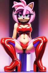 ai_generated amy_rose anthro bikini boots green_eyes high_heels latex latex_bra latex_panties navel novelai patent_boots pink_fur pink_hair red_latex seductive short_hair sonic_(series) sonic_the_hedgehog_(series) thigh_boots underwear yellow_fur