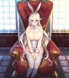 1girls 2023 alternate_costume animal_ears armchair bare_thighs bent_over blonde_hair bow bowtie breasts brooch bunny_club bunny_ears bunny_girl bunnysuit chair corrin_(female)_(fire_emblem) corrin_(fire_emblem) corrin_(fire_emblem)_(female) detached_collar fake_animal_ears fake_tail female female_only fire_emblem fire_emblem_fates grey_leotard grey_thighhighs high_heels highres indoors inner_thighs jewelry kashiwamochi_yomogi large_breasts legs leotard long_hair looking_at_viewer nintendo own_hands_together playboy_bunny pointy_ears rabbit_ears rabbit_tail red_eyes sitting smile solo strapless strapless_leotard tail thighhighs thighs throne tiara very_long_hair white_hair wrist_cuffs year_of_the_rabbit