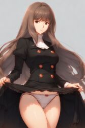 07th_expansion 1girls ai_generated bare_legs blunt_bangs brown_hair buttons dress dress_lift female hime_cut holaraai panties presenting rosa_ushiromiya simple_background solo solo_female straight_hair thighs umineko_no_naku_koro_ni underwear white_panties