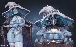1boy 1girls aestheticc-meme big_breasts blue-skinned_female blue_skin breasts cum cum_on_breasts dark-skinned_male dark_skin dialogue elden_ring female fromsoftware holding_hands huge_breasts large_breasts looking_at_viewer male nipples paizuri pubic_tattoo ranni_the_witch straight
