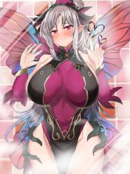 1girls against_glass bare_thighs blush breast_press breasts fairy fairy_wings female female_only fire_emblem fire_emblem_heroes glass grey_hair heart huge_breasts leotard long_hair looking_at_viewer nintendo pelvic_curtain plumeria_(fire_emblem) pointy_ears ponytail red_eyes shower smile solo standing steam thick_thighs thighs toshimasa very_long_hair wide_hips wings