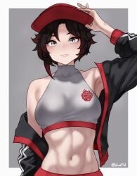 1girls abs absurd_res armpits artist_name bare_shoulders big_breasts black_hair bluefield breasts collarbone crop_top fit_female gradient_hair hat jacket looking_at_viewer midriff navel red_hair ruby_rose rwby short_hair silver_eyes smile stomach toned toned_female turtleneck