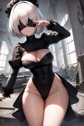 ai_generated blindfold breasts dress leotard nier:_automata shinshiai square_enix stable_diffusion thong_leotard white_hair yorha_2b