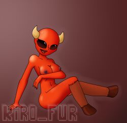 bald bald_female black_eyes demon demon_girl goat_demon goat_legs horns kiro_fur legs_up no_background nude nude_female oc red_body smiling tongue twitter_username