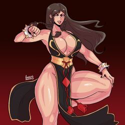 1girls alternate_costume alternate_hairstyle chinese_clothes chinese_dress chun-li chun-li_(battle_ouffit_sfv) cleavage female female_only fully_clothed large_breasts lipstick loggus_doggus long_hair muscular muscular_female muscular_thighs qipao revealing_clothes solo street_fighter street_fighter_v wide_hips wide_thighs