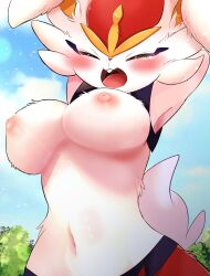 anthro areola big_breasts blush breasts cinderace closed_eyes cute cute_face day female female_cinderace female_only fur generation_8_pokemon hi_res mammal navel nintendo nipples open_mouth pink_areola pink_nipples pokemon pokemon_(species) prrrrrrmine sky solo solo_female stretching tail white_body white_fur white_tail yawning