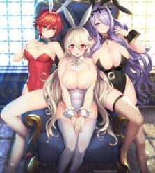 2023 3girls ahoge alternate_costume animal_ears arm_around_back armchair armpits bare_arms bare_shoulders bare_thighs bent_over black_leotard black_thighhighs blonde_hair bow bowtie breasts brooch bunny_club bunny_ears bunny_girl bunnysuit camilla_(fire_emblem) chair cleavage collarbone corrin_(female)_(fire_emblem) corrin_(fire_emblem) corrin_(fire_emblem)_(female) covered_navel detached_collar earrings fake_animal_ears fake_tail female female_only fire_emblem fire_emblem_fates fishnet_legwear fishnets grey_leotard grey_thighhighs hair_between_eyes hair_over_one_eye hand_on_another's_arm hand_on_own_chest high_heels highres hinoka_(fire_emblem) horns huge_breasts indoors inner_thighs jewelry kashiwamochi_yomogi large_breasts leg_up legs leotard long_hair looking_at_viewer medium_breasts multiple_girls nintendo orange_eyes own_hands_together pink_eyes playboy_bunny pointy_ears purple_hair rabbit_ears rabbit_tail red_eyes red_hair red_leotard short_hair shoulders siblings sideboob sisters sitting skindentation smile strapless strapless_leotard tail thick_thighs thighhighs thighs throne tiara very_long_hair white_hair white_thighhighs wrist_cuffs year_of_the_rabbit