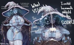 1boy 1girls aestheticc-meme big_breasts blue-skinned_female blue_skin breasts cum cum_on_breasts dark-skinned_male dark_skin dialogue elden_ring female fromsoftware holding_hands huge_breasts large_breasts looking_at_viewer male paizuri paizuri_invitation pubic_tattoo ranni_the_witch straight