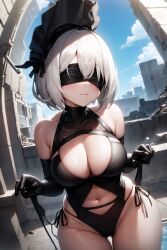 ai_generated blindfold breasts leotard lingerie nier:_automata shinshiai square_enix stable_diffusion thong_leotard underwear white_hair yorha_2b