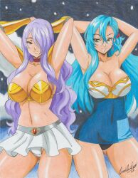 2girls alternate_costume armpits arms_behind_head arms_up ass_visible_through_thighs bare_thighs black_panties blushing braid breasts camilla_(fire_emblem) chloe_(fire_emblem) cleavage commission dress earrings female female_only fire_emblem fire_emblem_engage fire_emblem_fates green_eyes hair_over_one_eye large_breasts long_hair multiple_girls nintendo panties pantyshot pantyshot_(standing) pose purple_eyes purple_hair ravern_clouk skirt smile thighs underwear upskirt very_long_hair white_panties