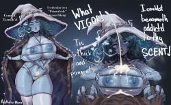 1boy 1girls aestheticc-meme alternate_breast_size big_breasts blue-skinned_female blue_skin breasts cum cum_on_breasts dark-skinned_male dark_skin dialogue elden_ring female fromsoftware holding_hands huge_breasts large_breasts looking_at_viewer male nipples paizuri paizuri_invitation pubic_tattoo ranni_the_witch shiny_skin straight thighs_together